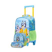 Kit Escolar Mochila Com Rodinhas + Lancheira + Estojo Duplo Bluey
