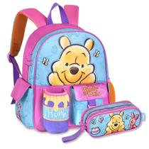 Kit Escolar Mochila Costas Com Estojo Duplo Ursinho Pooh