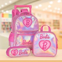 Kit Escolar Mochila de carrinho + Lancheira e Estojo Triplo -Barbie Luxo