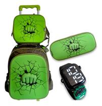 Kit Escolar Mochila De Rodinha Tamanho Médio Completo Hulk - Yins Kids