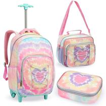 Kit Escolar Mochila de Rodinhas + Lancheira + Estojo Estampa Estilo Adolescente Jovem Aulas Material Resistente Criança Menina Feminino