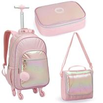 Kit Escolar Mochila de Rodinhas + Lancheira térmica + Estojo Menina Criança Adolescente Material Aulas Resistente Zíper Feminino
