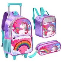Kit Escolar Mochila De Rodinhas Unicórnio C/ Lancheira e Estojo Duplo Perfeito Para Crianças Na Volta Às Aulas Clio