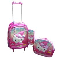 Kit Escolar Mochila Hello Kitty De Carrinho Com Estojo e Lancheira Térmica