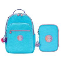 Kit Escolar Mochila Kipling Seoul + Estojo 100 pens Galaxy Turq Fc