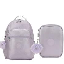 Kit Escolar Mochila Kipling Seoul + Estojo 100 pens Lilac M Met BTS