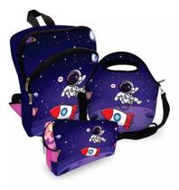 Kit Escolar Mochila + Lancheira + Estojo Astronauta Roxo