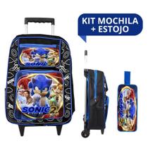 Kit Escolar Mochila Rodinha e Estojo Infantil Masculino Menino Personagem Sonic