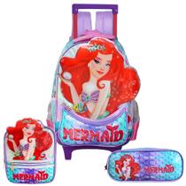 Kit Escolar Mochila Rodinhas Lancheira Estojo Sereia Ruiva