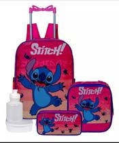 Kit Escolar Mochila Rosa Stich De Carrinho Com Estojo e Lancheira Térmica
