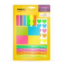 Kit Escolar Neon Pimaco - Bloco Adesivo + Marca-Páginas + Marca-Texto + Etiquetas Coração