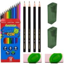 Kit Escolar New1 Lápis de Cor, Lápis Preto, Borracha e Apontador