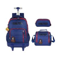 Kit Escolar One Piece Mochila Com Rodinhas Lancheira e Estojo Monkey D. Luffy Masculina Anime MC49804OP Cor:Azul