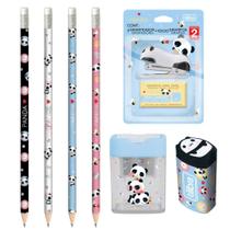 Kit Escolar Panda Grampeador + Apontador + Lápis + Borracha - Tilibra