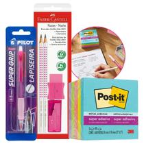 Kit Escolar Rosa Neon 6 peças com Lapiseira Super Grip Post-it 5 Blocos Adesivos 450fls + Kit Faber