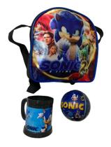 Kit Escolar Sonic 3 Peças Lancheira Caneca E Bola