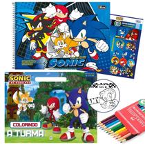 Kit Escolar Sonic com Caderno Desenho Capa Dura Livro para Colorir Adesivo e Lápis de Cor Faber 12