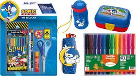 Kit Escolar Sonic Lápis de Cor Estojo Lancheira Garrafa Hidrocor Material Completo Infantil Escola