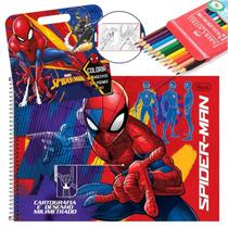 Kit Escolar Spider Man com Caderno Capa Dura, Livro para Colorir e Lápis de Cor Ideal para Crianças