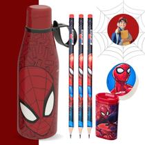 Kit Escolar Spider Man Lápis Borracha Apontador + Copo 530ml Plasútil Homem Aranha Infantil Ensino Fundamental 6itens