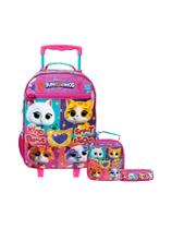 Kit Escolar Super Gatinhos Mochila de Rodas Lancheira Estojo