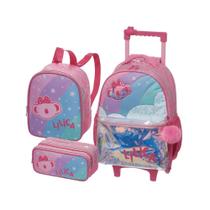 Kit Escolar Super Star Mochila Carrinho + Lancheira Costas + Estojo Triplo