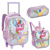 Kit Escolar Unicornio, Mochila com Rodinhas, Estojo e Lancheira Termica, Meninas