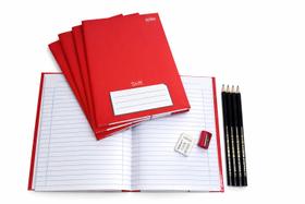 Kit Escolar Vermelho - 4 Cadernos Brochura Capa Dura 48 folhas + Lápis, Borracha e Apontador