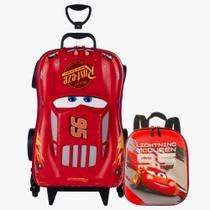 Kit Escolar Viagem Mochila Rodinha Tripla com Lancheira Carros Mcqueen 3D Maxtoy Oficial