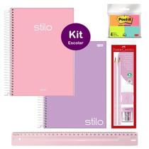 Kit Escolar Volta as Aulas Caderno 10 materias Tons Pasteis Espiral + Kit Escolar Faber Régua Post-it Ideal Ensino Médio