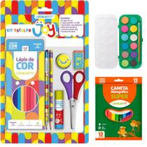 Kit Escolar Volta As Aulas Completo Com Lápis Apontador Tesoura Caneta Hidrográfica e Aquarela