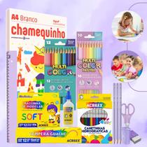 Kit Escolar Volta As Aulas Infantil 67 itens Tons Pastéis Ensino Fundamental ou Infantil Faber Acrilex Chamequinho