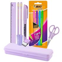 Kit Escolar Voltas Aulas Escrita 12 itens Tons Pasteis Rosa Azul Verde ou Lilás uso Escolar Ensino Fundamental ou Médio