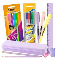 Kit Escolar Voltas Aulas Tons Pastéis Lilás ou Azul 17pcs com Estojo Caneta Lápis Borracha Régua Apontador Marca Texto Kit Escolar Voltas Aulas Tons Pastéis Lilás ou Azul 17pcs com Estojo Caneta Lápis Borracha Régua Apontador Marca Texto