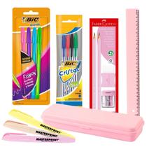 Kit Escolar Voltas Aulas Tons Pastéis Rosa ou Verde 17pcs com Estojo Caneta Lápis Borracha Régua Apontador Marca Texto Kit Escolar Voltas Aulas Tons Pastéis Rosa ou Verde 17pcs com Estojo Caneta Lápis Borracha Régua Apontador Marca Texto
