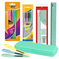 Kit Escolar Voltas Aulas Tons Pastéis Rosa ou Verde 17pcs com Estojo Caneta Lápis Borracha Régua Apontador Marca Texto