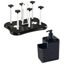 Kit Escorredor de Copos Flor e Porta Detergente Bucha Preto C12