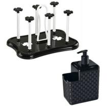 Kit Escorredor de Copos Flor + Porta Detergente Bucha Preto C12