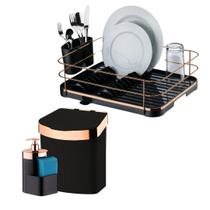 Kit Escorredor de Louça Lixeira 2,5l e Dispenser Organizadores de Pia Preto e Gold - Future