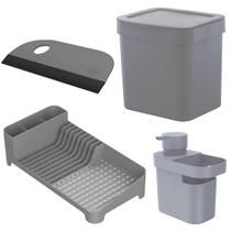 Kit Escorredor de Louça + Lixeira + Dispenser de Detergente + Rodo Compacto Chumbo - Ou Kit Escorredor de Louça + Lixeira + Dispenser de Detergente + Rodo Compacto Chumbo - Ou