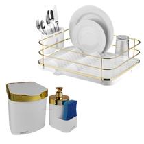 Kit Escorredor De Louça Talheres Lixeira 2,5L Dispenser Porta Detergente Cozinha Branco Dourado - Future