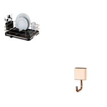 Kit Escorredor de Louças com Bandeja Coletora Preto e Rose Gold + Gancho Multiuso Rose Gold