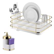Kit Escorredor De Louças Dispenser Porta Detergente Líquido Esponja Branco Dourado - Future Kit Escorredor De Louças Dispenser Porta Detergente Líquido Esponja Branco Dourado - Future