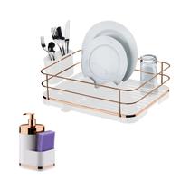 Kit Escorredor De Louças Dispenser Porta Detergente Líquido Esponja Branco Rose Gold - Future