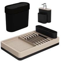 Kit Escorredor de Louças Lixeira 2,8L Click Dispenser Porta Detergente Cozinha Flat Preto - Coza
