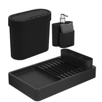 Kit Escorredor de Louças Lixeira 2,8L Click Dispenser Porta Detergente Cozinha Flat Preto - Coza Kit Escorredor de Louças Lixeira 2,8L Click Dispenser Porta Detergente Cozinha Flat Preto - Coza
