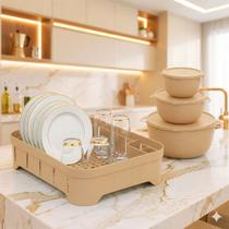 Kit Escorredor De Prato Cozinha Compacto Plástico Com 3 Potes Bowls C/ Tampa Armazenar Alimento