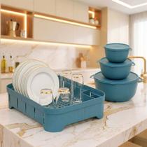 Kit Escorredor De Prato Cozinha Compacto Plástico Com 3 Potes Bowls C/ Tampa Armazenar Alimento