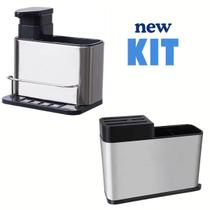 Kit: Escorredor de Talheres com Suporte de Facas + Porta Detergente Inox com Dispenser para Sabão e Esponja Kit: Escorredor de Talheres com Suporte de Facas + Porta Detergente Inox com Dispenser para Sabão e Esponja