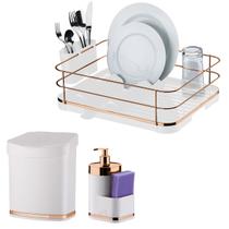 Kit Escorredor Louça Lixeira 2,5L Dispenser Porta Detergente Organizadores Pia Cozinha Branco Cobre Rose Gold - Future
